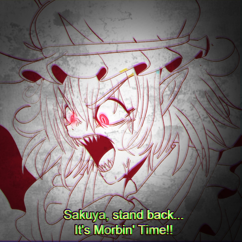 1girl, bangs, bat_wings, bow, english_text, eyebrows_visible_through_hair, fang, glowing
