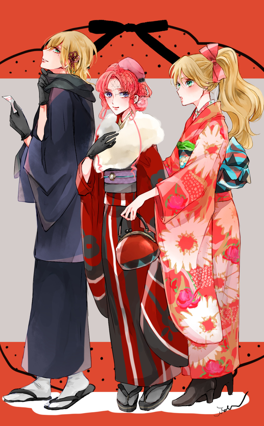 1boy, 2girls, bangs, black_footwear, black_gloves, black_scarf, blonde_hair, blue_eyes