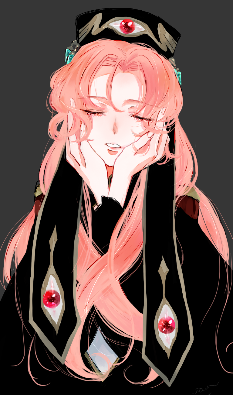 1girl, bangs, black_cloak, black_headwear, cloak, closed_eyes, code_geass, code_geass:_soubou_no_oz, eyebrows_visible_through_hair, grey_background, hands_on_own_cheeks, hands_on_own_face, head_tilt, highres, ilohasvio, long_hair, marrybel_mel_britannia, parted_bangs, parted_lips, pink_hair, portrait, solo, very_long_hair