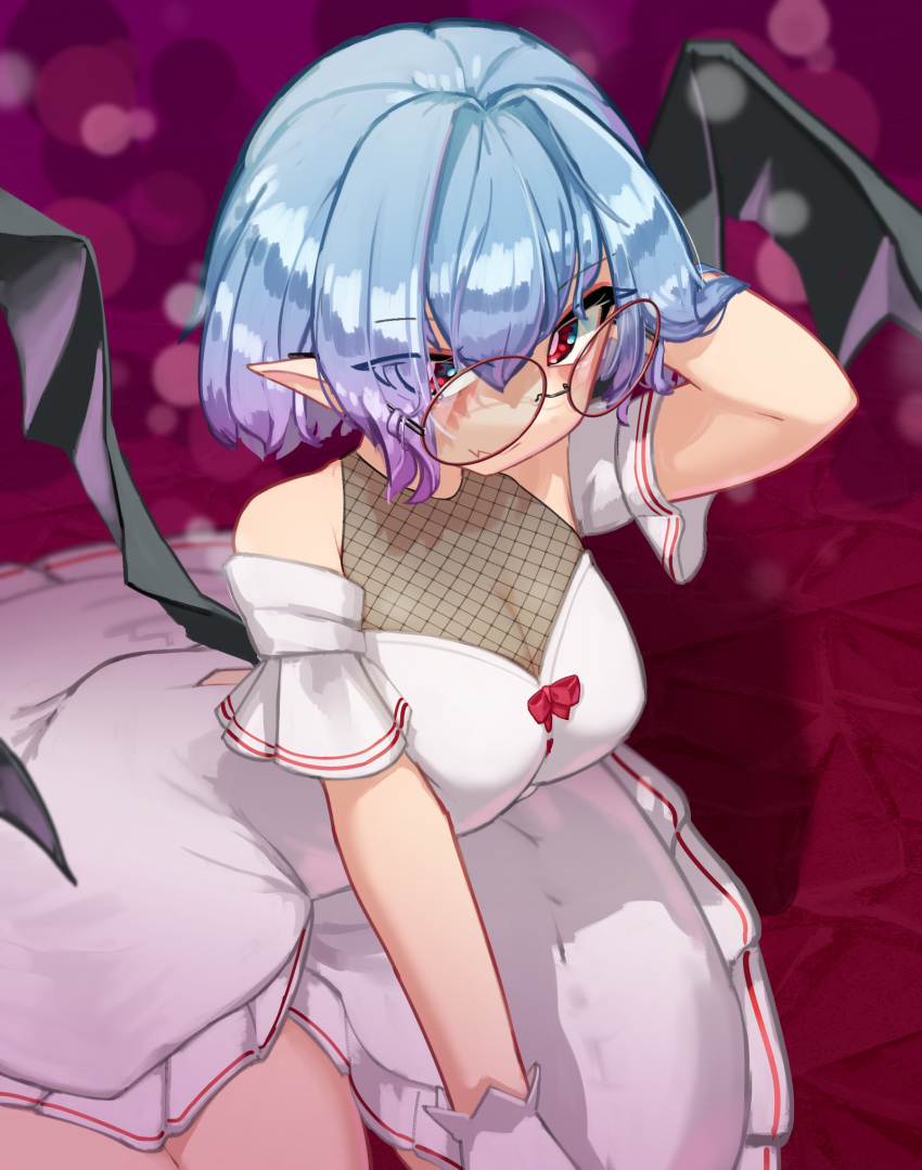alternate_costume, bat_wings, black_wings, blue_hair, breasts, closed_mouth, commentary, curvy, detached_sleeves, dress, from_above, gradient_hair, hair_between_eyes, highres, huge_breasts, multicolored_hair, oversized_eyewear, plump, pointy_ears, purple_background, purple_hair, red_eyes, remilia_scarlet, round_eyewear, shiny, shiny_hair, simple_background, touhou, white_dress, wings, zakozako_y