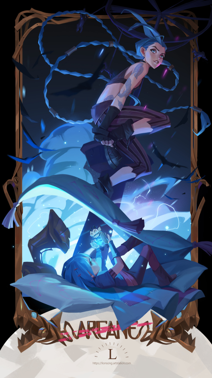absurdres, arcane:_league_of_legends, arcane_jinx, arm_tattoo, asymmetrical_bangs, bangs, bird, blue_eyes, blue_hair, boots, border, braid, breasts, child, cloud_tattoo, crow, english_commentary, explosion, fishbones_(jinx), full_body, gem, hextech_crystal, highres, jinx_(league_of_legends), league_of_legends, lionsong, long_hair, looking_at_another, lying, pants, phonograph, pillow, powder_(arcane), short_hair, shoulder_tattoo, sitting, striped, striped_pants, tattoo, teeth, twin_braids, very_long_hair, web_address