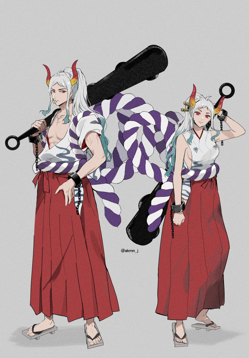 1boy, 1girl, abs, ahoge, akmn, arm_at_side, bare_arms, bare_shoulders