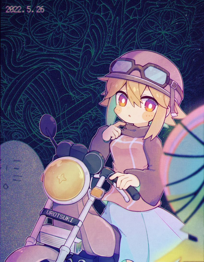 1girl, bangs, blue_skirt, blush, dated, ghost, ground_vehicle, helmet
