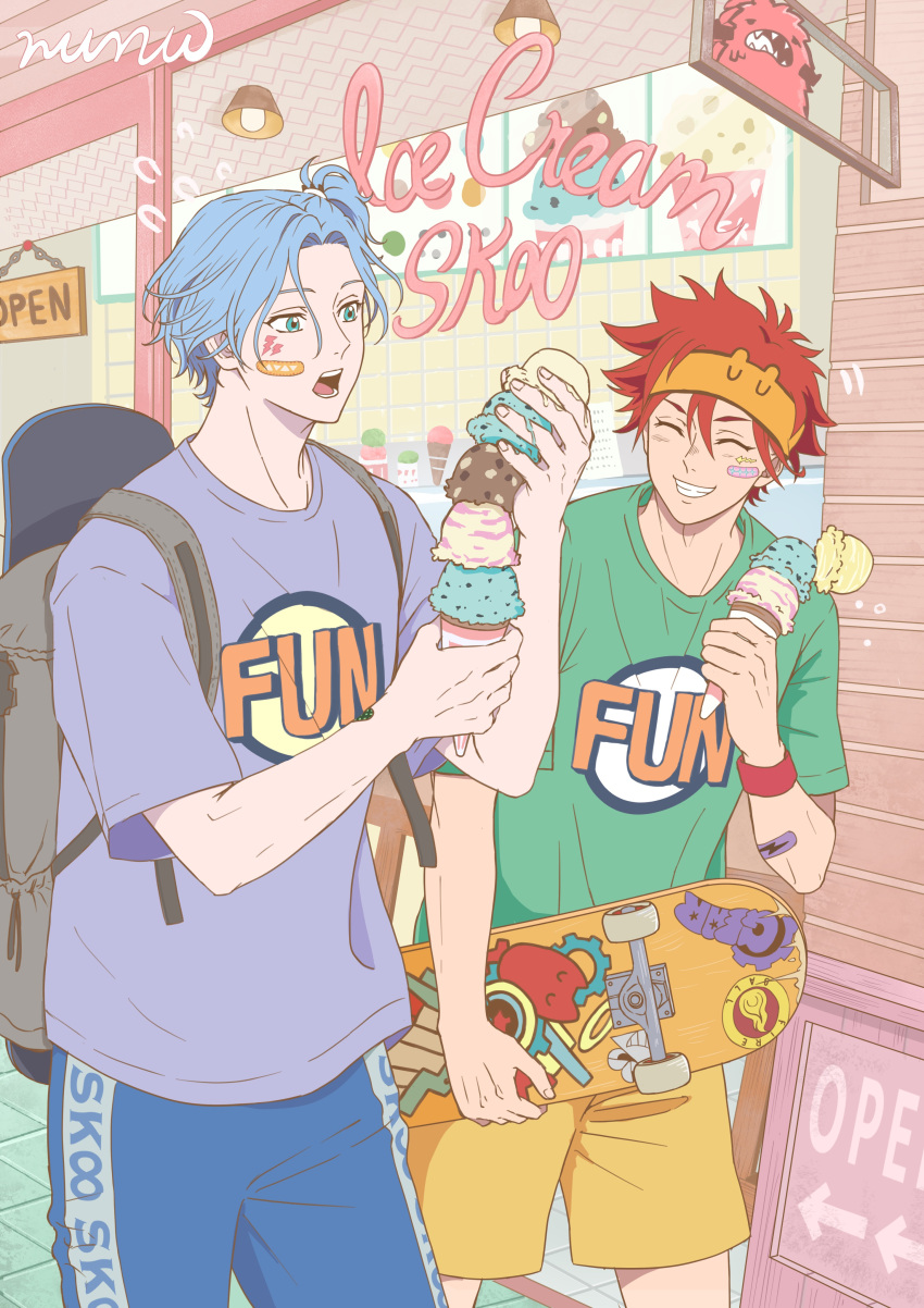 2boys, absurdres, bandaid, bandaid_on_cheek, bandaid_on_face, blue_eyes, blue_hair, closed_eyes