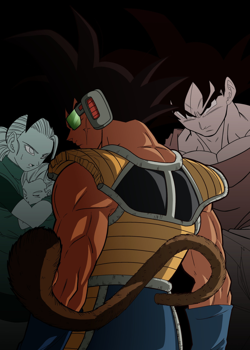 1girl, 3boys, absurdres, armor, bardock, black_background, black_outline, blue_armband, blue_pants, broken_armor, brown_fur, dragon_ball, dragon_ball_super, english_commentary, from_behind, granolah_(dragon_ball), highres, iamthetrev, light, looking_to_the_side, male_focus, monkey_tail, muezli_(dragon_ball), multiple_boys, muscular, muscular_male, outline, pants, red_wristband, saiyan_armor, scar, scar_on_cheek, scar_on_face, scouter, serious, shoulder_armor, simple_background, solo_focus, son_goku, spiky_hair, tail, wristband
