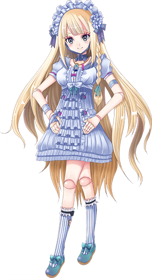 1girl, artist_request, bad_source, bangs, bisque_(monster_musume), blonde_hair, blue_footwear, blunt_bangs, braid, doll_joints, dress, eyebrows_visible_through_hair, grey_eyes, hairband, joints, lolita_fashion, lolita_hairband, long_hair, mary_janes, monster_musume_no_iru_nichijou, monster_musume_no_iru_nichijou_online, official_art, shoes, smile, solo, striped, striped_legwear, very_long_hair, white_dress