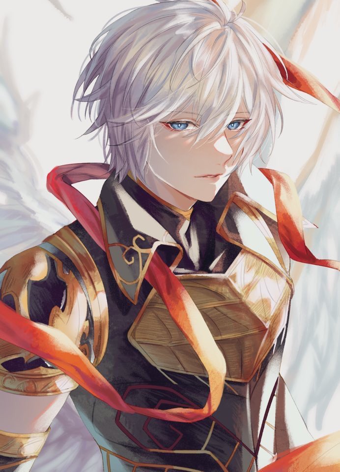 1boy, armor, blue_eyes, feathered_wings, granblue_fantasy, lucifer_(shingeki_no_bahamut), male_focus, multiple_wings, omotim000, seraph, shingeki_no_bahamut, short_hair, simple_background, solo, upper_body, white_hair, wings