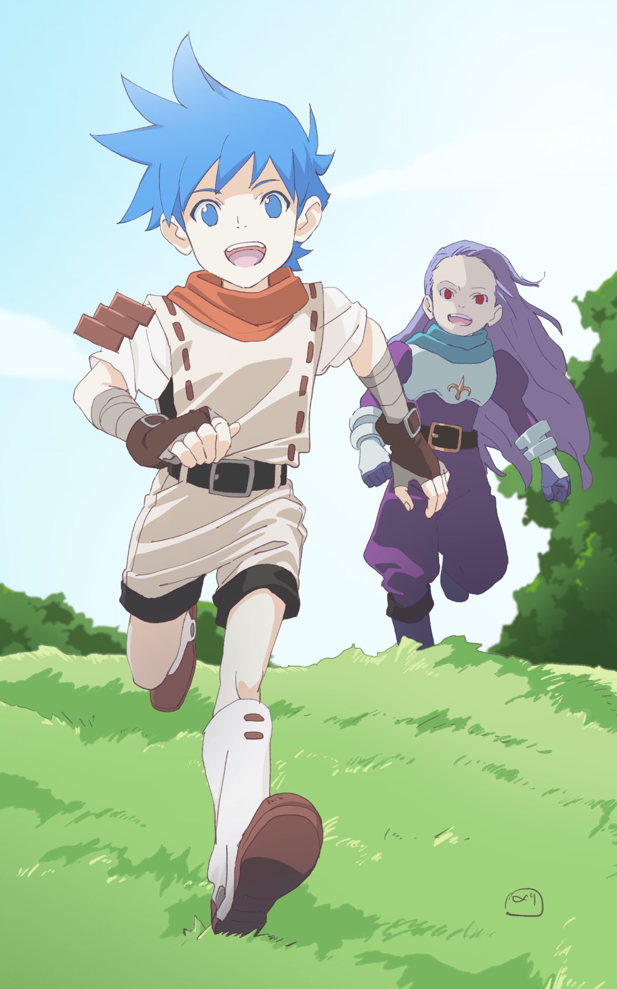 2boys, blue_eyes, blue_hair, breath_of_fire, breath_of_fire_iii, clouds, fingerless_gloves, full_body