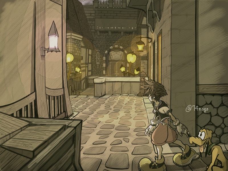 1boy, 1other, 74nogo, arch, brown_hair, candle, candlelight, dog