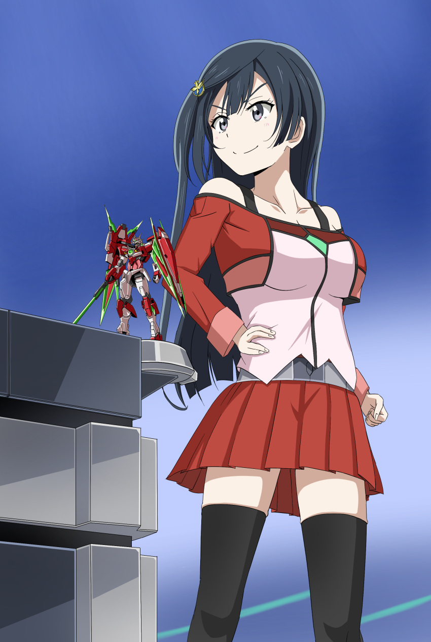 00_qan[t]_full_saber, 1girl, absurdres, alternate_color, black_hair, black_legwear, blue_background, celestial_being_uniform