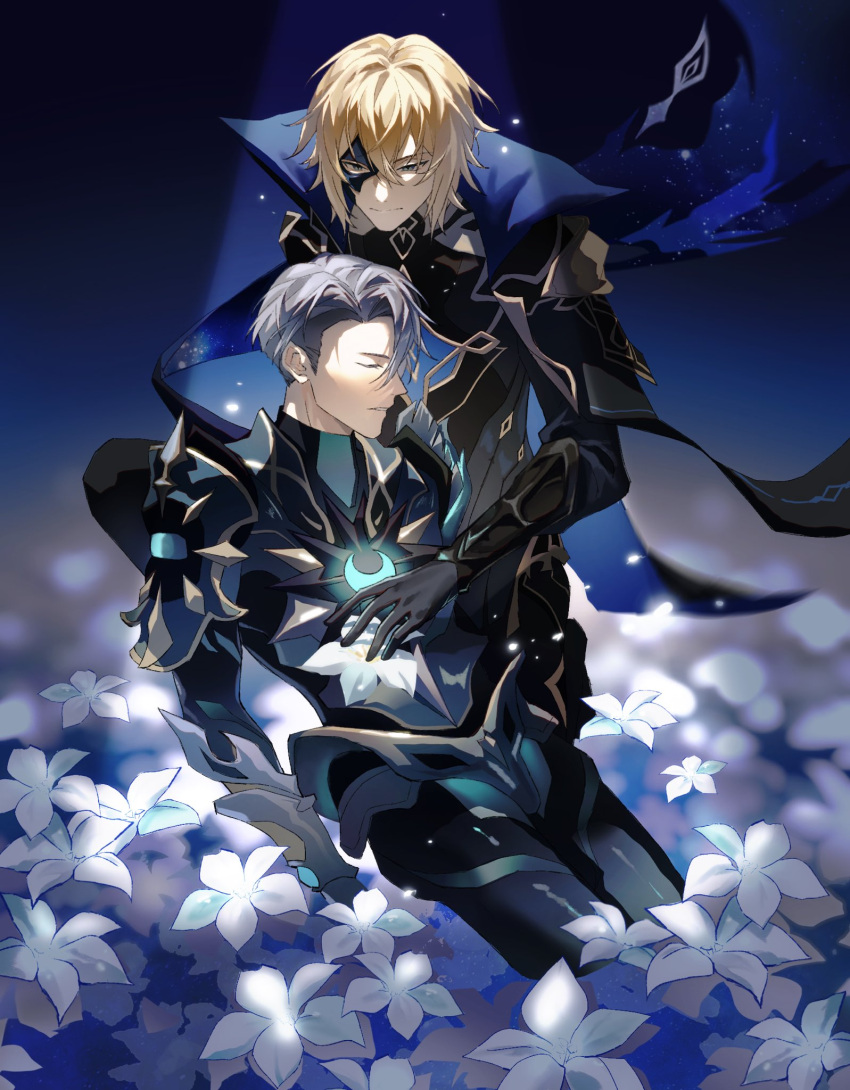 2boys, armored_boots, bangs, black_gloves, blonde_hair, blue_eyes, boots, cape