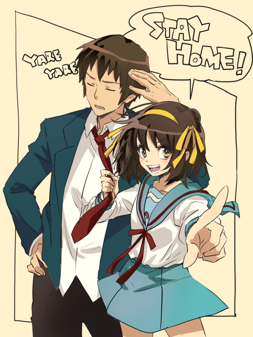 1boy, 1girl, :d, annoyed, bangs, blazer, blue_sailor_collar, blue_skirt