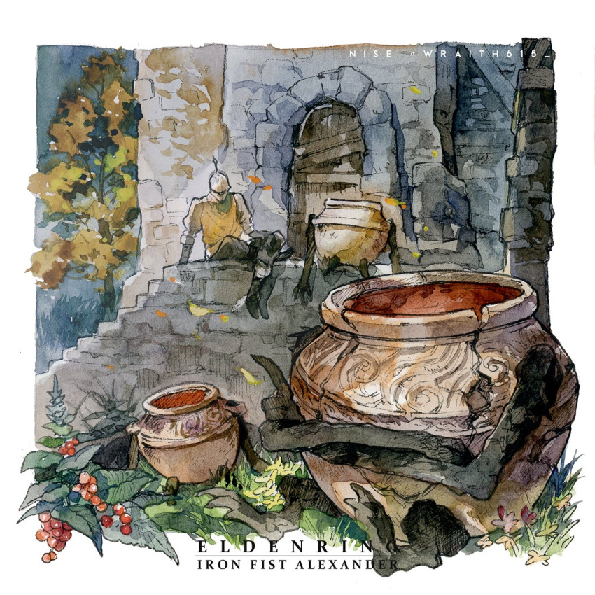 4others, armor, artist_name, berry, border, building, crack, door, elden_ring, falling_leaves, flower, gauntlets, grass, helmet, highres, iron_fist_alexander, leaf, living_jar_(elden_ring), multiple_others, outdoors, painting_(medium), plank, plant, scan, sitting, stairs, tarnished_(elden_ring), traditional_media, tree, white_border, wraith615