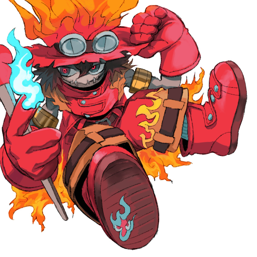 1boy, armlet, bangs, digimon, digimon_(creature), fire, flame, flawizarmon