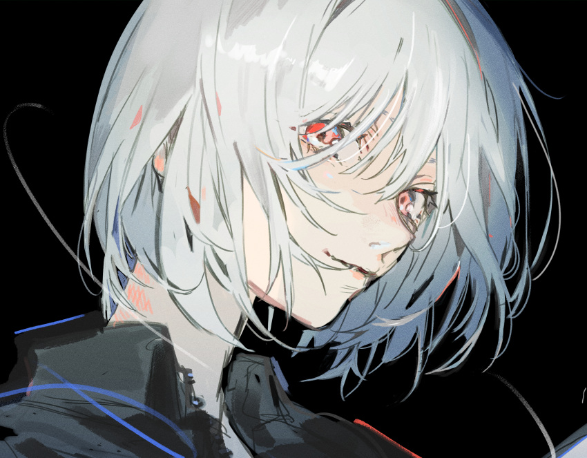 1girl, bangs, bibibotan, black_background, black_shirt, closed_mouth, collared_shirt, commentary
