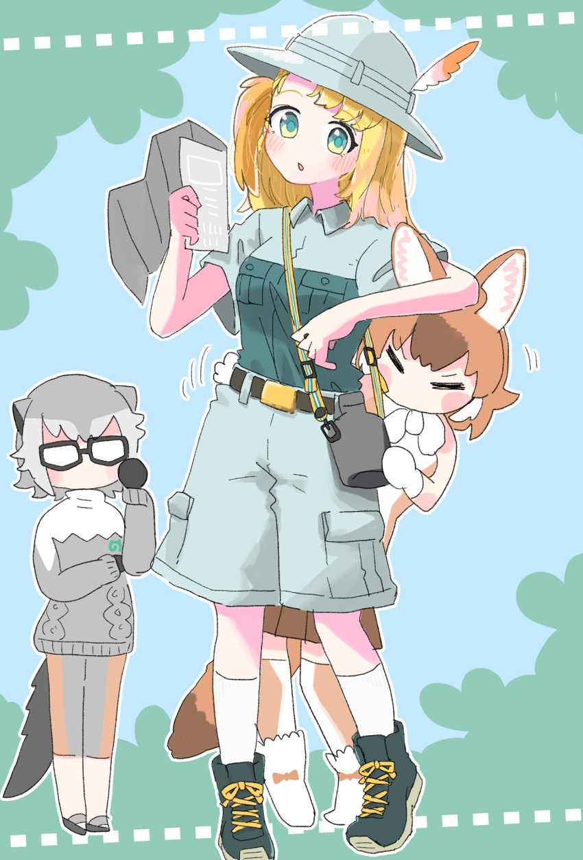 3girls, adjusting_eyewear, alternate_costume, animal_ears, black_gloves, blonde_hair, boots, bow