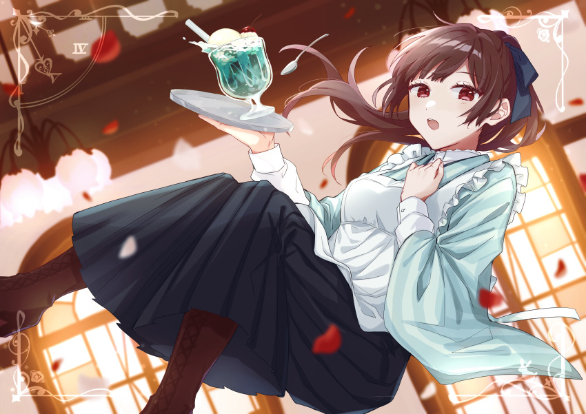 1girl, absurdres, apron, bangs, black_skirt, blunt_bangs, blush, boots, bow, breasts, brown_hair, chandelier, commentary_request, falling_petals, floating, food, hair_bow, hand_on_own_chest, highres, holding, holding_tray, ice_cream, ice_cream_float, indoors, long_hair, long_skirt, maid, maid_apron, medium_breasts, melon_soda, open_mouth, original, petals, ponytail, red_eyes, skirt, solo, spilling, spoon, stained_glass, strawberry-rain-mk, tray, window