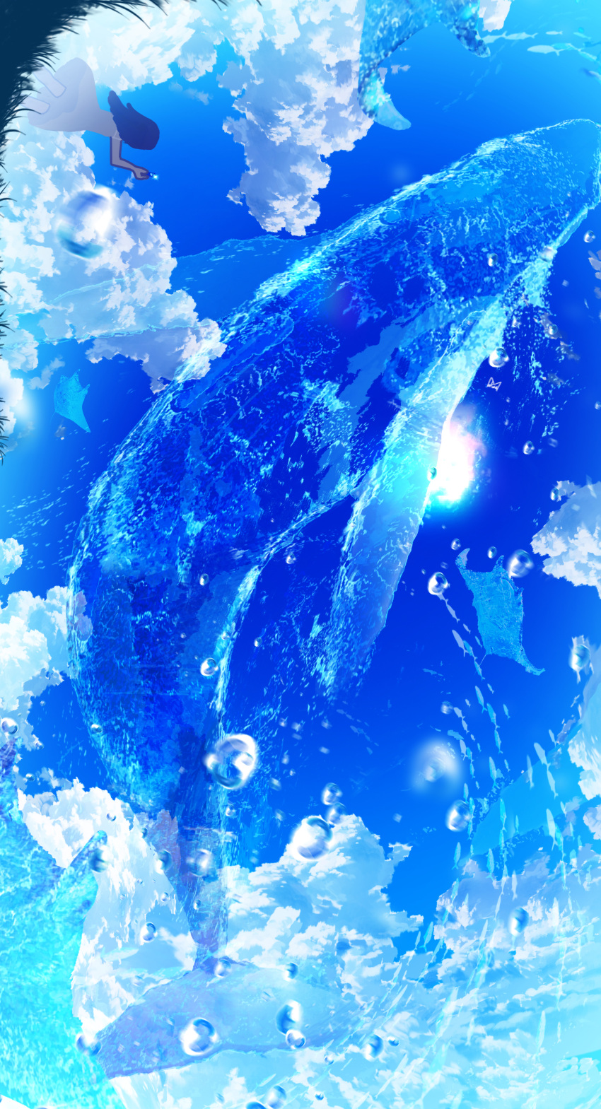 1girl, absurdres, arm_up, clouds, commentary, facing_away, from_behind, from_side