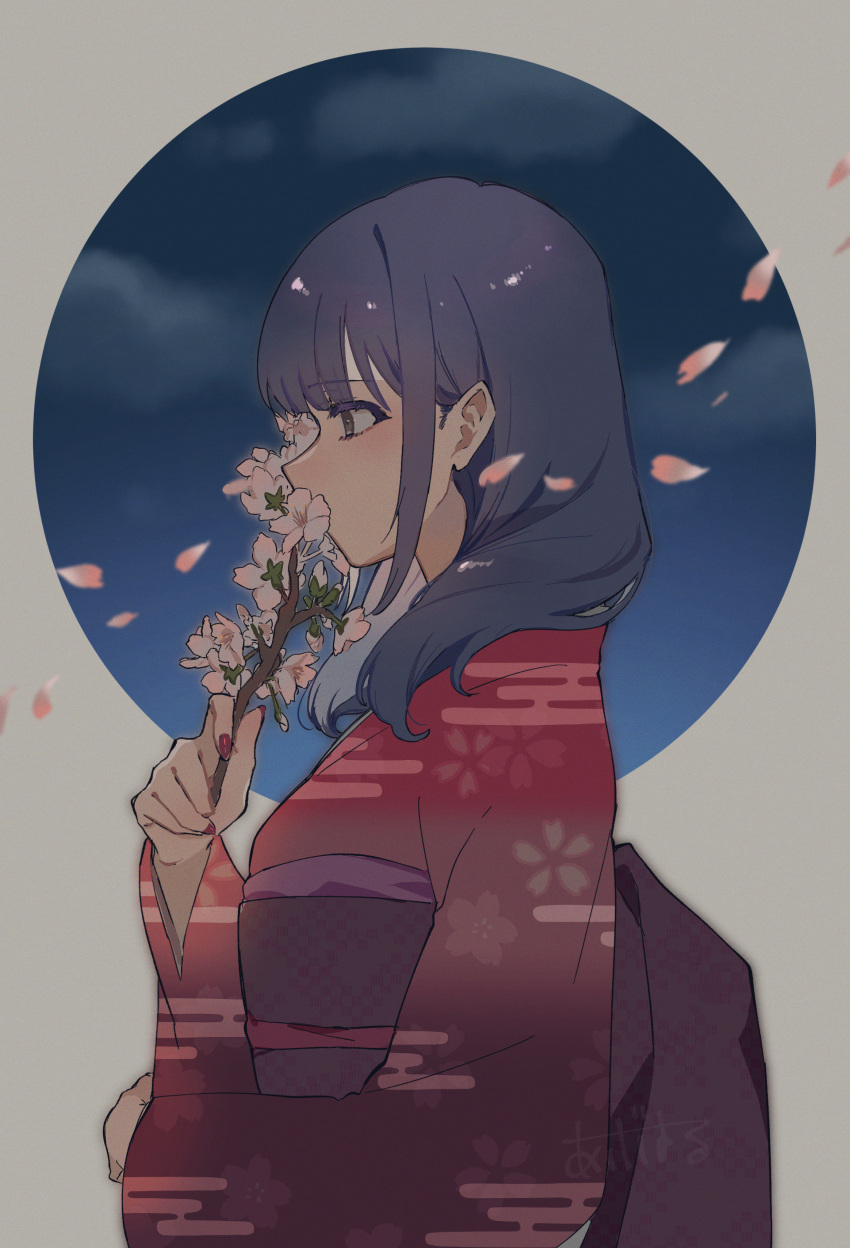 1girl, absurdres, ageharuuu, artist_name, bangs, blue_hair, branch, brown_eyes