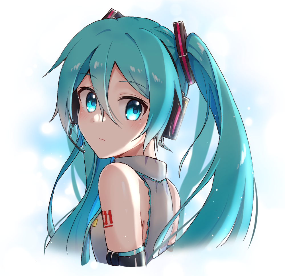 1girl, aqua_hair, bangs, bare_shoulders, blue_background, blue_eyes, closed_mouth, commentary