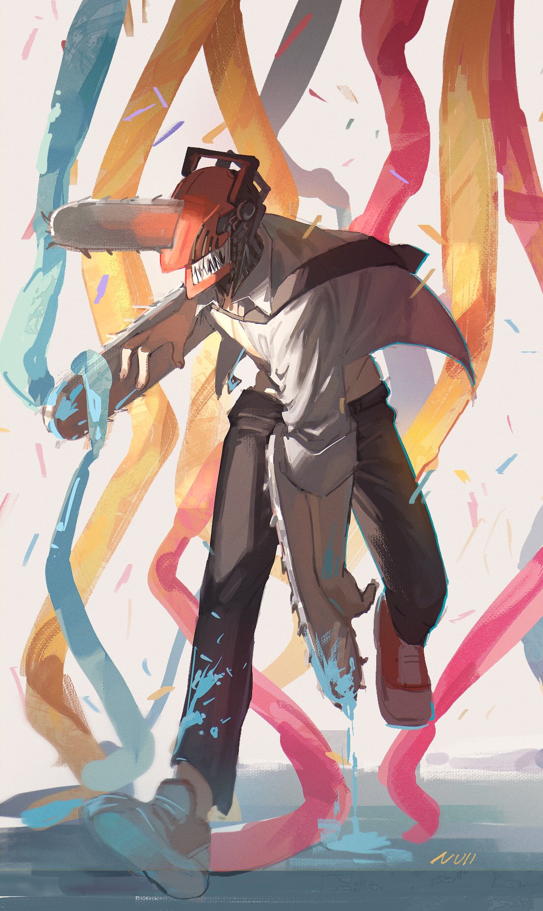 1boy, black_necktie, black_pants, blood, blood_on_weapon, chainsaw, chainsaw_man, confetti