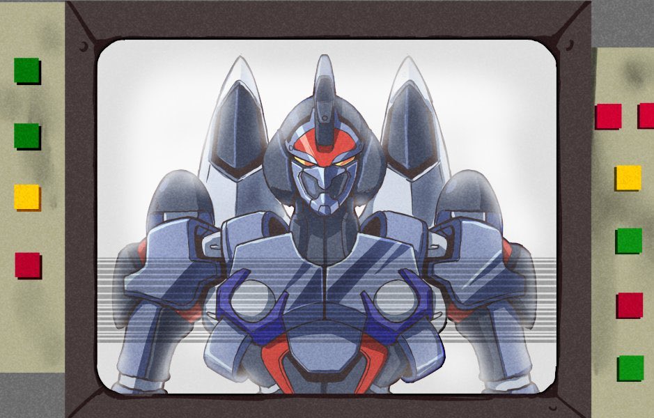 crossover, film_grain, gridman_universe, kin-san_(sasuraiga), looking_at_viewer, mecha, monitor, no_humans