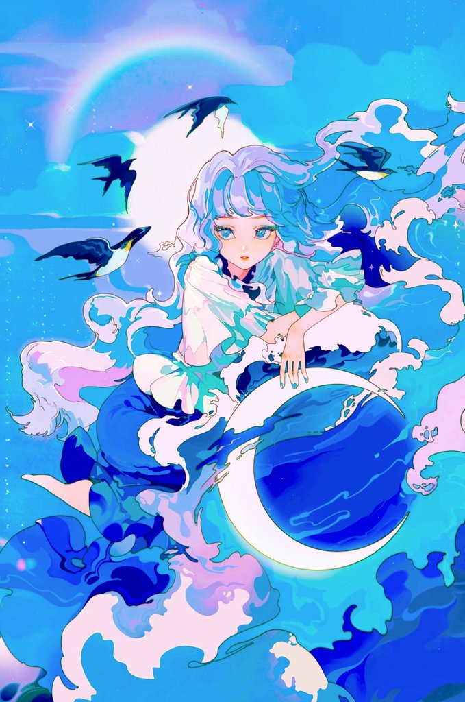 1girl, backlighting, bangs, bird, blue_background, blue_eyes, blue_hair, blue_nails, blue_theme, cirrika, clouds, eyebrows_visible_through_hair, flying, lips, long_hair, looking_up, moon, original, parted_lips, rainbow, solo, sun, waves, white_hair, wind, wind_lift