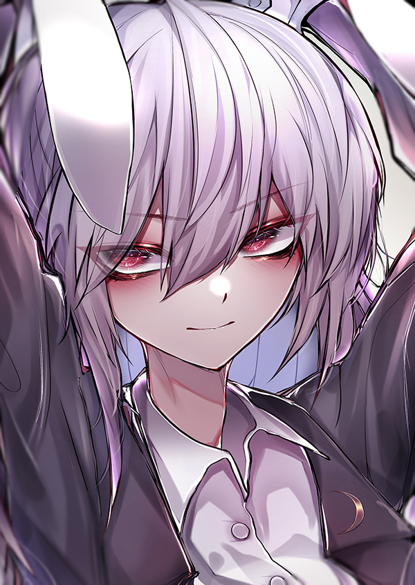 1girl, 33_gaff, animal_ears, arms_up, bangs, black_jacket, buttons, closed_mouth, collared_jacket, collared_shirt, commentary_request, crescent, crescent_pin, eyebrows_visible_through_hair, eyes_visible_through_hair, grey_background, grey_shirt, hair_between_eyes, hands_up, jacket, long_hair, long_sleeves, looking_to_the_side, purple_hair, rabbit_ears, red_eyes, reisen_udongein_inaba, shirt, simple_background, smile, solo, touhou, upper_body