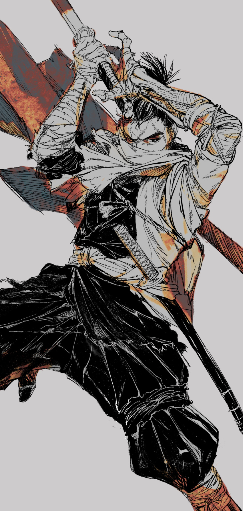 1boy, absurdres, arms_up, belt, cowboy_shot, fighting_stance, hakama, hakama_pants