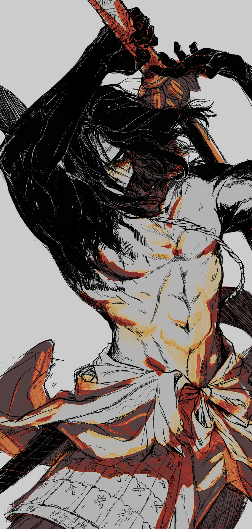 1boy, absurdres, armor, arms_up, ashina_genichirou, cowboy_shot, faulds, fighting_stance