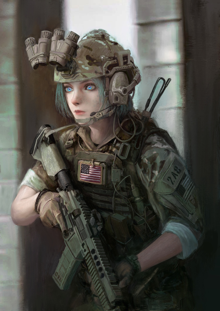 1girl, absurdres, american_flag, ar-15, assault_rifle, blue_eyes, bulletproof_vest, ear_protection, gloves, green_hair, gun, headset, helmet, highres, military, military_uniform, night_vision_device, original, rifle, sleeves_folded_up, soldier, uniform, watch, weapon, xianggang_jizhe