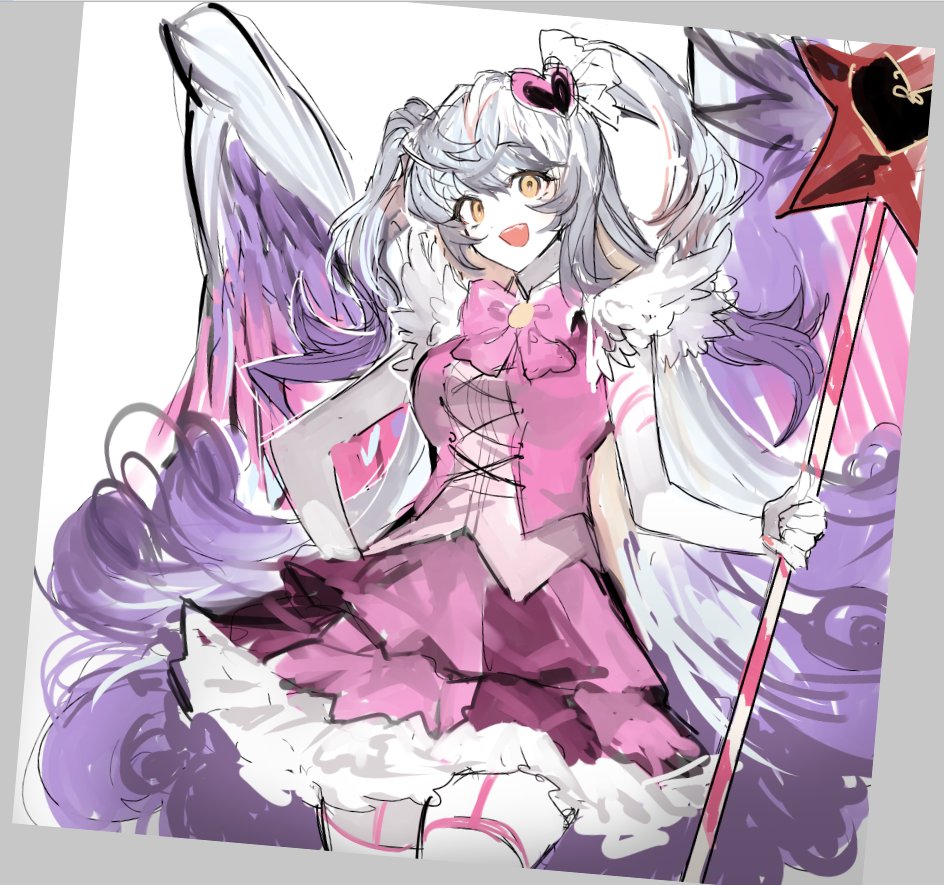 1girl, dress, lobotomy_corporation, magical_girl, open_mouth, orange_eyes, pink_dress, pink_ribbon