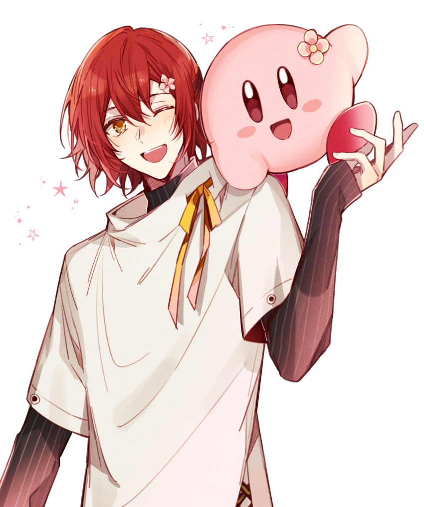 1boy, ;d, black_shirt, commentary_request, creature, creature_on_shoulder, crossover, flower