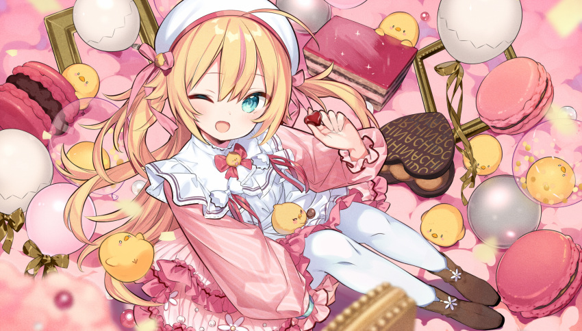 1girl, bangs, bird, blonde_hair, chicken, chidori_hina_(vtuber), dress, fang