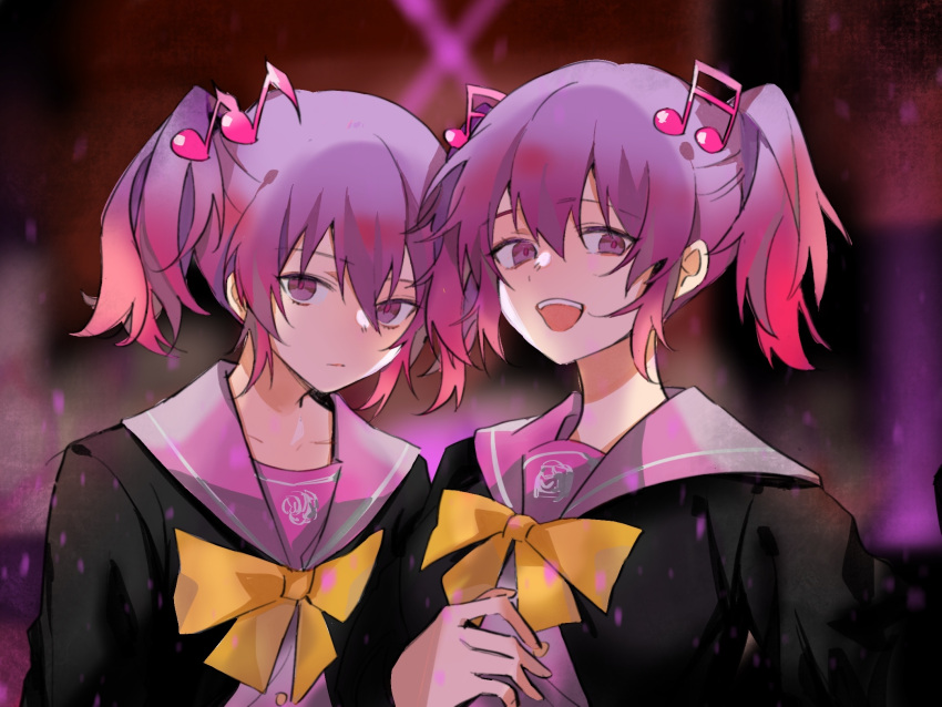 2girls, closed_mouth, danganronpa_(series), danganronpa_another, eighth_note, gradient_hair, grin, hair_between_eyes, hair_ornament, highres, multicolored_hair, multiple_girls, musical_note, musical_note_hair_ornament, neck_ribbon, nyyyyyyyyyy, open_mouth, otonokoji_hibiki, otonokoji_kanade, pink_hair, pink_sailor_collar, purple_hair, ribbon, sailor_collar, school_uniform, siblings, sisters, sixteenth_note, smile, spoilers, super_danganronpa_another_2, twins, twintails, violet_eyes, yellow_ribbon