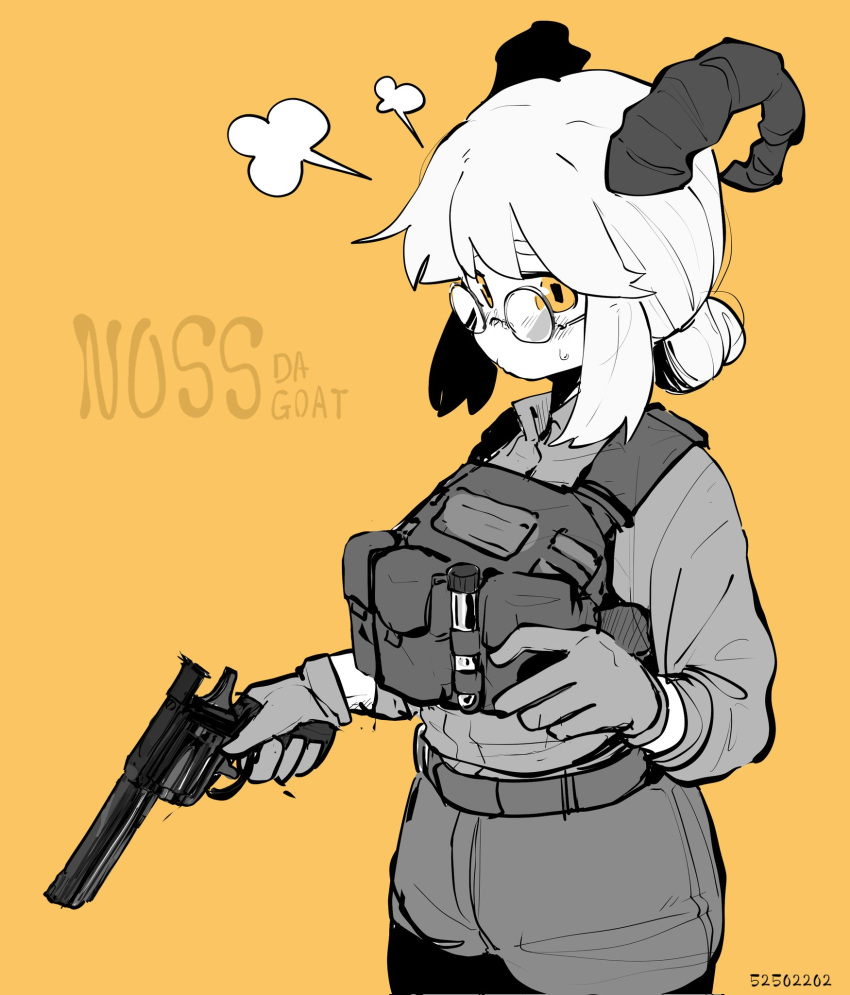 1girl, bangs, belt, body_armor, breasts, commentary_request, cowboy_shot, glasses
