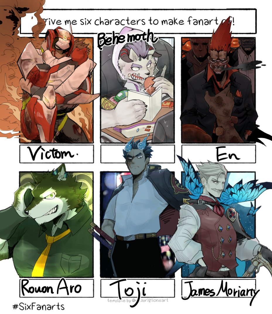 6+boys, behemoth_(housamo), belt, black_shirt, blouse, blue_eyes, blue_fire, book, bug, butterfly, closed_mouth, collared_shirt, commentary_request, dorohedoro, ear_piercing, eating, en_(dorohedoro), facial_hair, fangs, fangs_out, fate/grand_order, fate_(series), fire, forked_eyebrows, formal, furry, furry_male, gakuran, gloves, green_eyes, grey_hair, helmet, holding, holding_book, hood, hoodie, horns, james_moriarty_(fate), katana, live_a_hero, long_sleeves, looking_at_viewer, male_focus, mask, multiple_boys, multiple_swords, muscular, muscular_male, mustache, necktie, no_eyebrows, open_mouth, piercing, redhead, rouon_aro, scar, scar_on_cheek, scar_on_face, school_uniform, sharp_teeth, shirt, short_hair, six_fanarts_challenge, smile, snack, spiky_hair, suit, sweatdrop, sword, teeth, thick_eyebrows, toji_(housamo), tokyo_afterschool_summoners, upper_body, utau, vest, victom_(live_a_hero), wadanosuke_(waadaa_hmlh), weapon, white_shirt, yellow_necktie