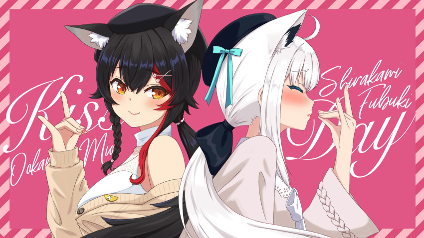2girls, \n/, ahoge, animal_ear_fluff, animal_ears, bangs, bare_shoulders, beret