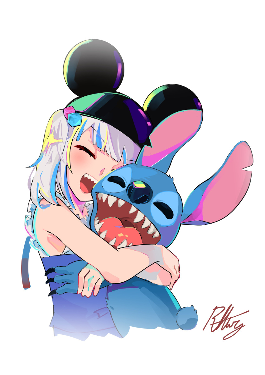 1boy, 1girl, absurdres, alien, blue_hair, closed_eyes, cosplay, crossover, disney, gawr_gura, hair_ornament, hat, hat_with_ears, highres, hololive, hololive_english, hug, lilo_&amp;_stitch, mickey_mouse, mickey_mouse_(cosplay), mickey_mouse_ears, multicolored_hair, radical_highway, shark_girl, sharp_teeth, simple_background, stitch_(lilo_&amp;_stitch), streaked_hair, teeth, virtual_youtuber, watermark, white_background, white_hair