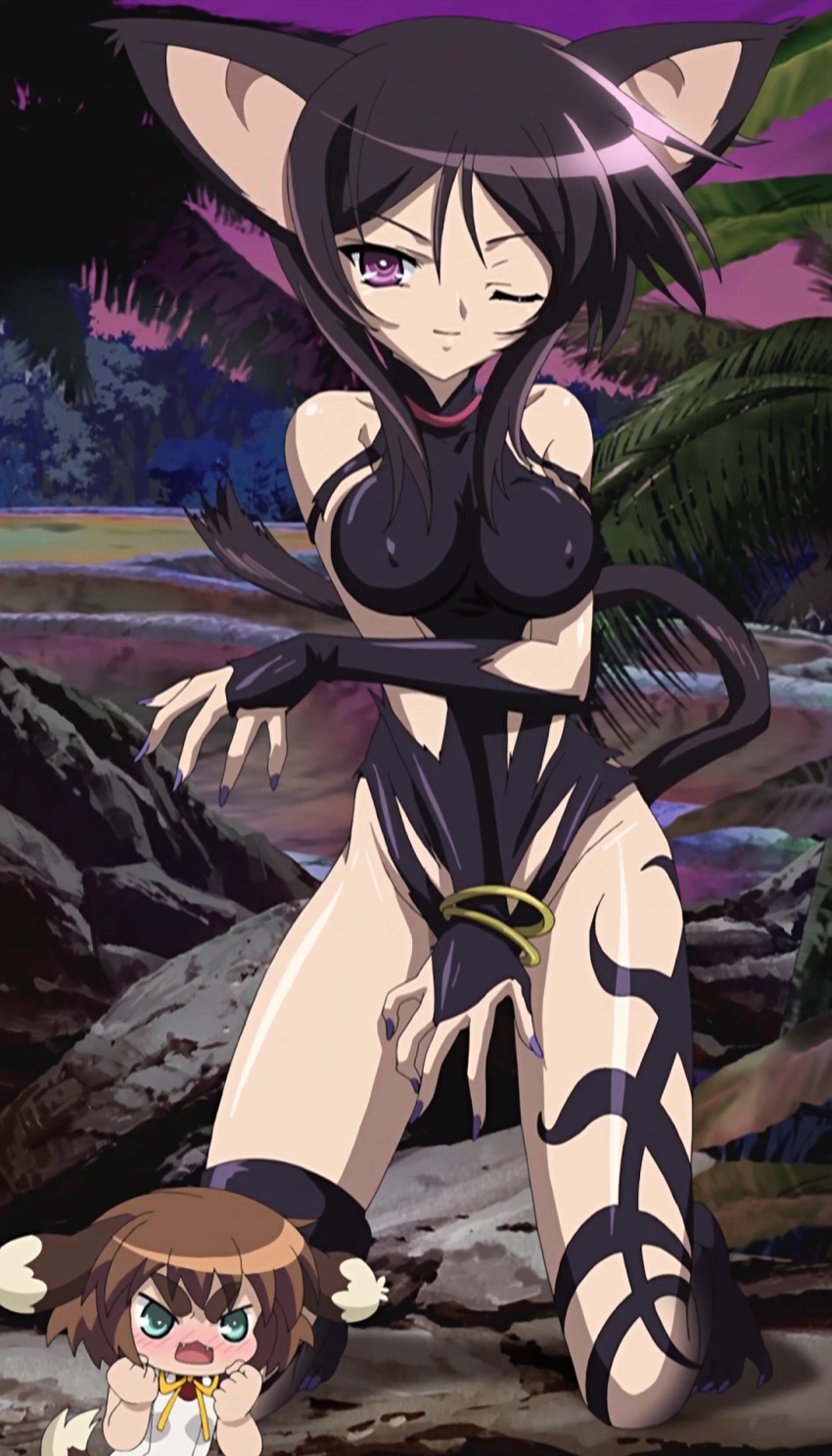 :3, angry, animal_ears, aqua_eyes, bare_shoulders, black_hair, blush, bow, bracelet, bridal_gauntlets, brown_hair, cap, cat_ears, cat_tail, chibi, clenched_hands, dog_ears, dog_tail, eneus, erect_nipples, fangs, fermi, fingernails, highres, inumimi, jewelry, kneeling, leotard, long_fingernails, long_hair, macademi_wasshoi, magician's_academy, multiple_girls, nail_polish, nekomimi, open_mouth, outdoors, purple_eyes, screencap, short_hair, smile, stitched, tail, tattoo, wink
