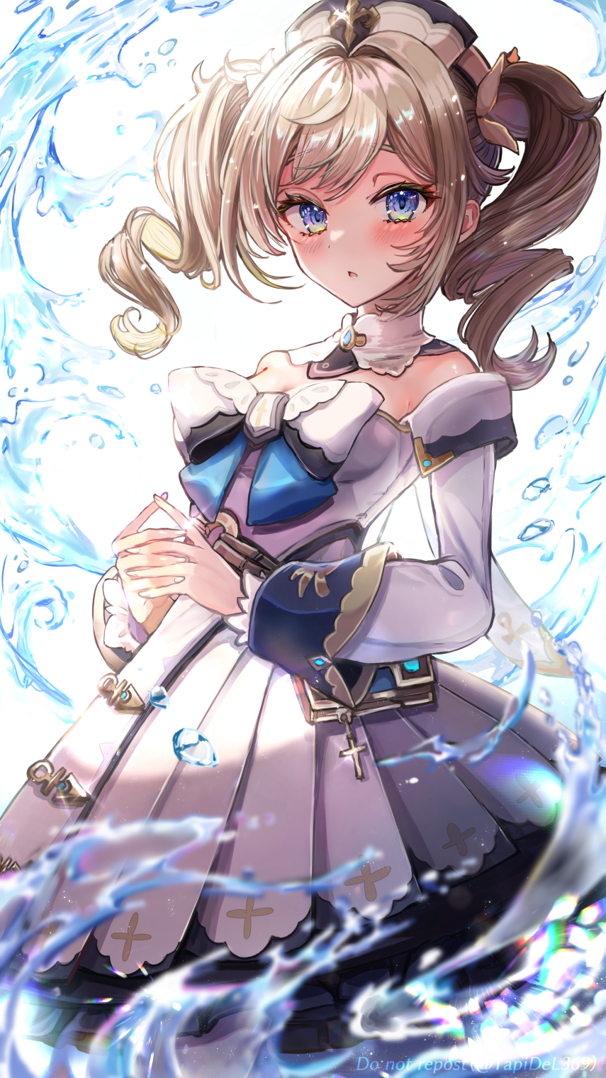1girl, bangs, barbara_(genshin_impact), bare_shoulders, blonde_hair, blue_bow, blue_eyes, blush, book, bow, breasts, collar, commentary_request, cowboy_shot, cross, detached_collar, detached_sleeves, dress, dress_bow, drill_hair, genshin_impact, highres, latin_cross, looking_at_viewer, own_hands_clasped, own_hands_together, parted_lips, sidelocks, simple_background, small_breasts, solo, tapi, twin_drills, twintails, water, white_background, white_collar, white_dress, white_headwear, white_sleeves