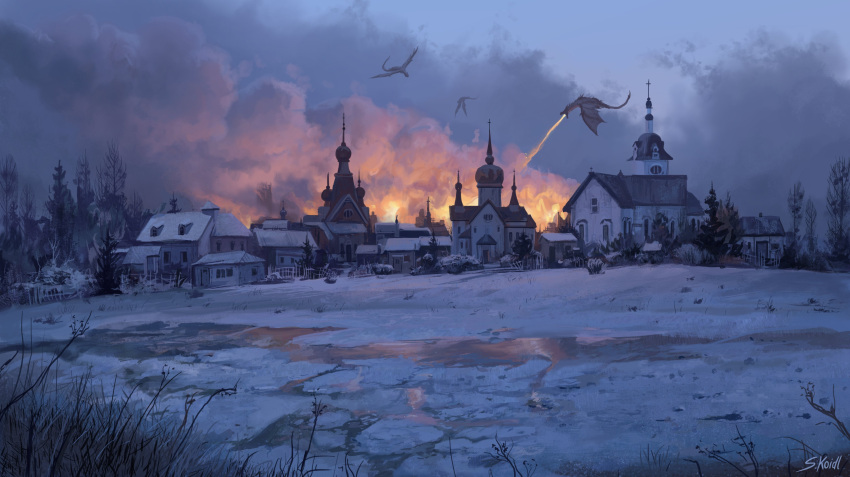 absurdres, breathing_fire, building, bush, church, clouds, commentary, destruction, dragon, english_commentary, fantasy, fire, grass, highres, house, no_humans, original, outdoors, river, scenery, signature, smoke, snow, spire, stefan_koidl, tree, village, winter
