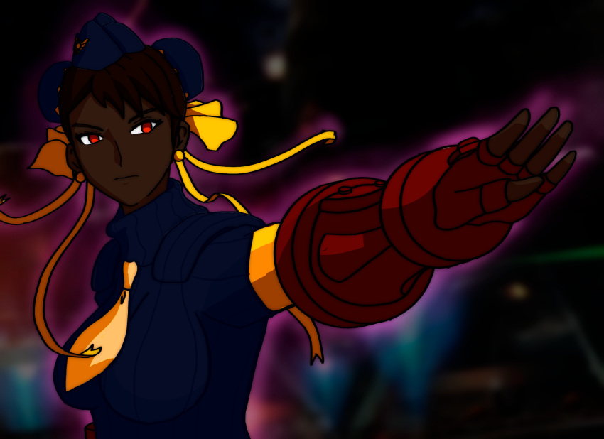 1girl, bad_end, bodysuit, brown_hair, chun-li, corruption, dark_skin, empty_eyes, highres, leotard, mind_control, shadaloo_dolls, street_fighter, victoria_mikoto