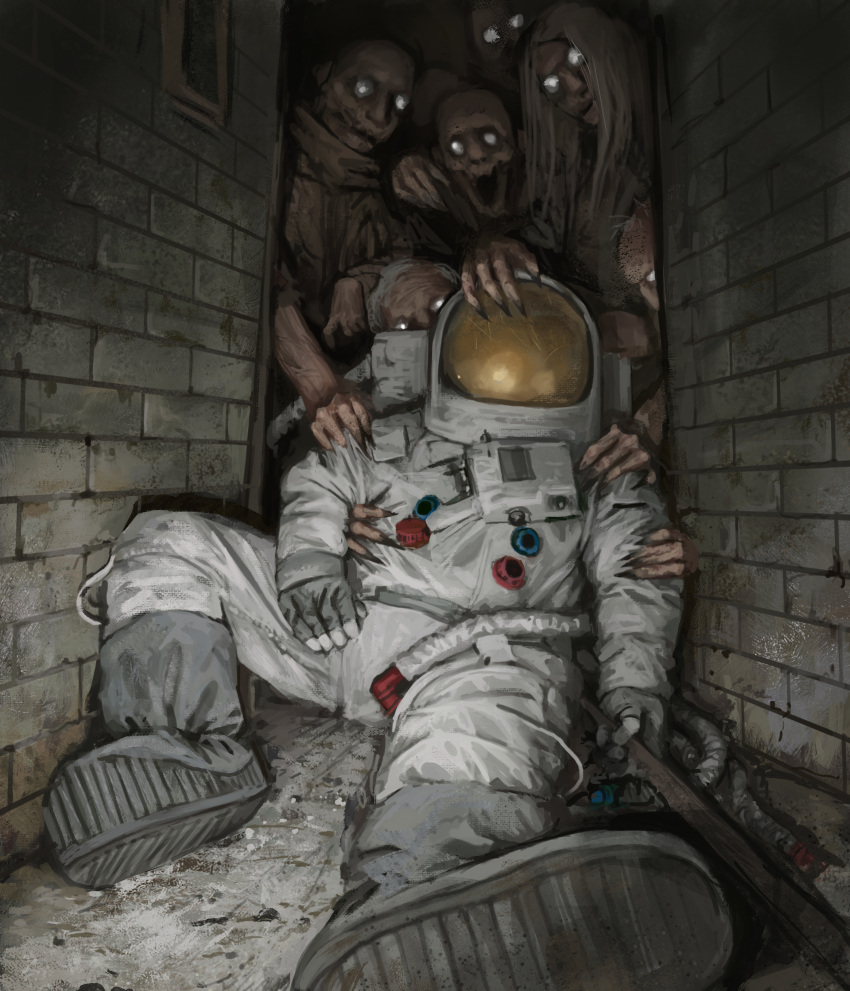 6+others, absurdres, alley, ambiguous_gender, commentary, english_commentary, fingernails, highres, horror_(theme), long_hair, multiple_others, open_mouth, original, scratched, sharp_fingernails, space_helmet, spacesuit, stefan_koidl, white_eyes, zombie