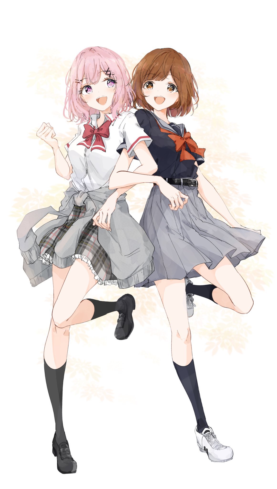 2girls, amaori_renako, black_footwear, black_legwear, bow, brown_hair, clenched_hand, crossover