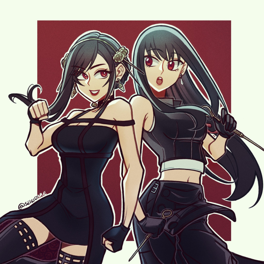 2girls, breasts, color_connection, cosplay, costume_switch, cowboy_shot, crop_top, dagger