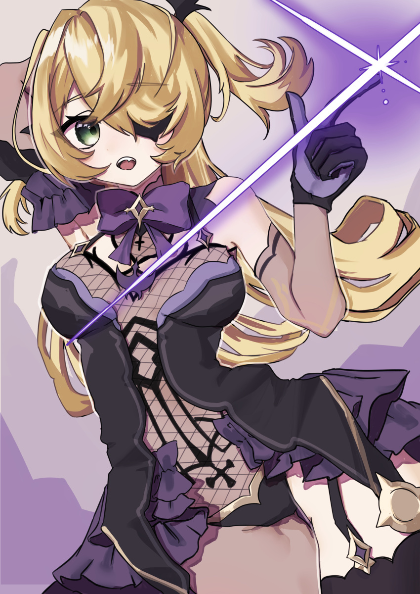 1girl, absurdres, black_dress, black_gloves, black_legwear, blonde_hair, breasts, commentary_request