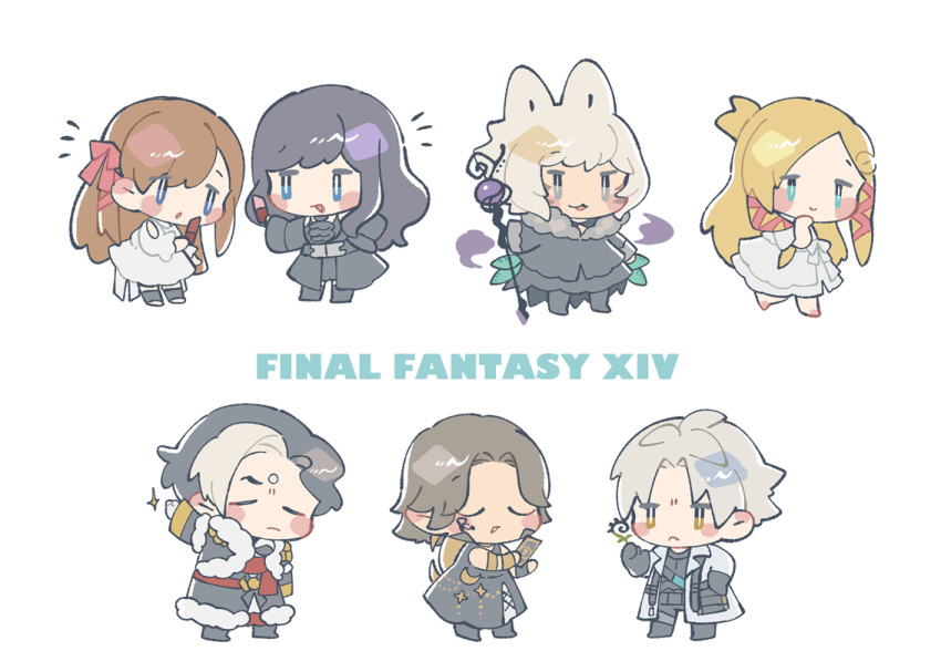 3boys, 4girls, :<, :3, animal_ears, ascot, barefoot, belt