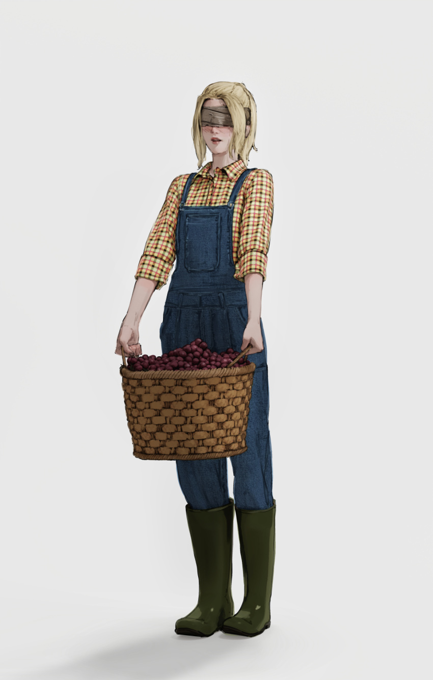 1girl, absurdres, atamagaitai, basket, blindfold, blonde_hair, blush, boots