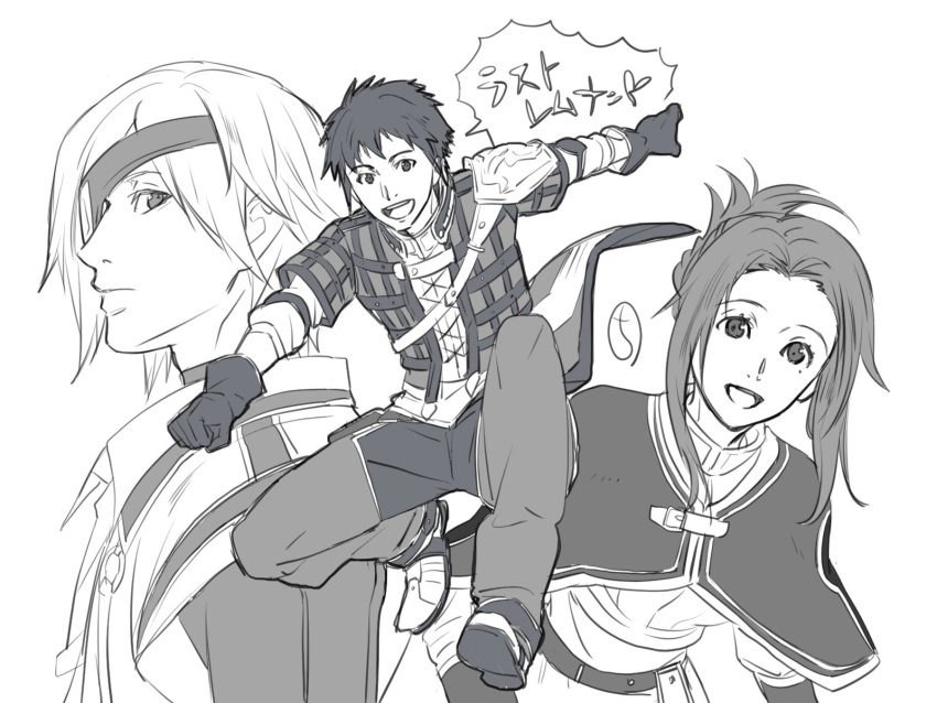 1girl, 2boys, closed_mouth, david_nassau, eyepatch, gloves, greyscale, highres